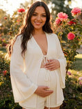Chic Beige Two Piece Lace-up Side Slit Maternity Top Short for Maternity