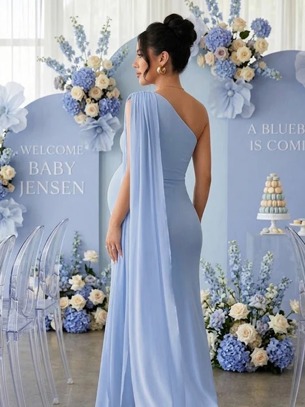 Chic Off Shoulder Side Draped Ribbons Mesh Bodycon Baby Shower Maternity Maxi Dress for Maternity