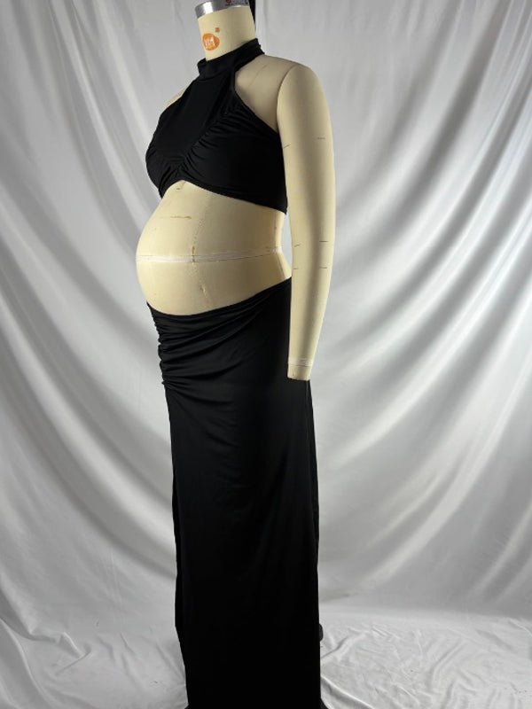 Side Slit Halter Neck Two Piece Maternity Photoshoot Maxi Dress for Maternity
