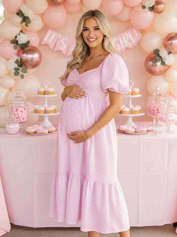Striped Ruched Puff Sleeve A-line Boho Maternity Maxi Dress for Maternity