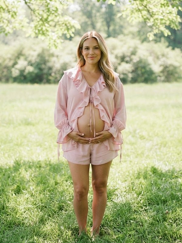 Ruffle Lace Up Flare Sleeve Two Piece Maternity Photoshoo Suit for Maternity