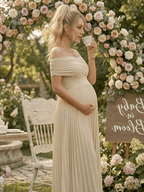 Apricot Off Shoulder Cross Chest Pleated Big Swing Maternity Maxi Dress for Maternity