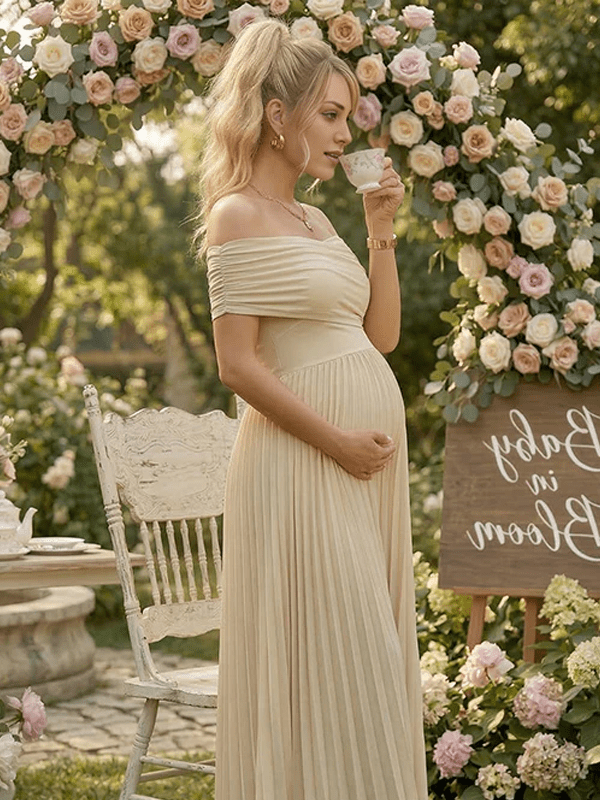 Apricot Off Shoulder Cross Chest Pleated Big Swing Maternity Maxi Dress for Maternity