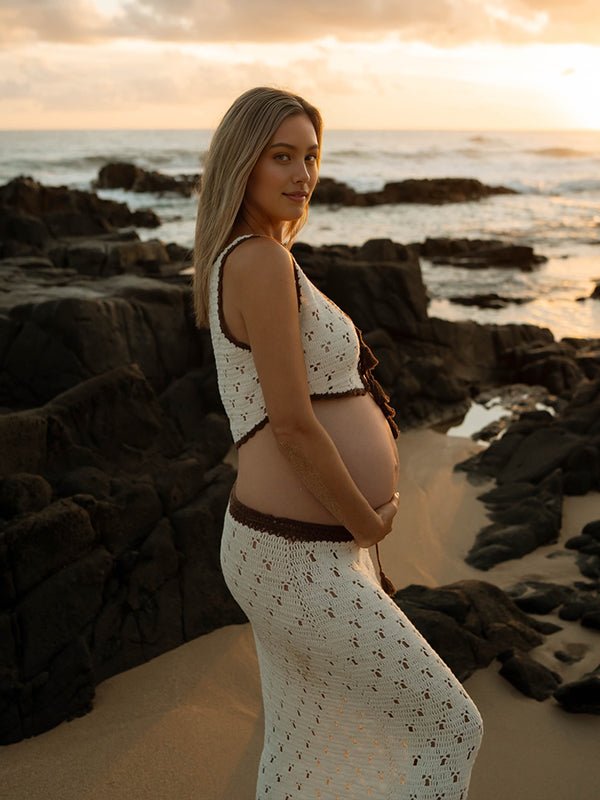 White Lace Up Crochet Two Piece Maternity Photoshoot Maxi Dress for Maternity