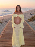 Yellow Off Shoulder Ruffle Crop Big Swing Two Piece Set Maternity Maxi Dress for Maternity