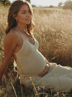 White Spaghetti Strap Backless 3d Flowers Maternity Maxi Dress for Maternity