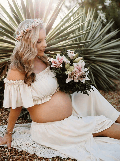 Solid Color Bohemian Off Shoulder Backless Ruffle 2 Piece Set Photoshoot Maternity Maxi Dress for Maternity