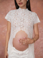 Chic White Side Slit Lace Photoshoot Vacation Two Piece Maternity Top Pant for Maternity