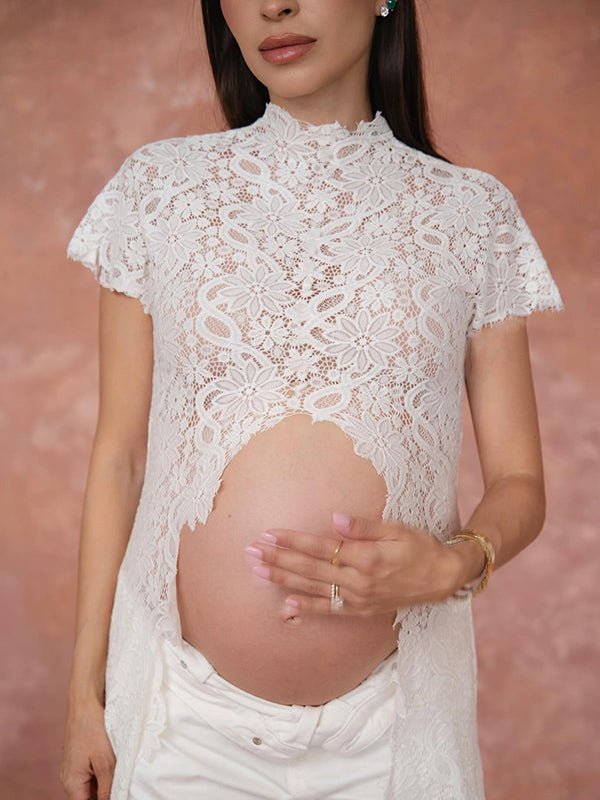 Chic White Side Slit Lace Photoshoot Vacation Two Piece Maternity Top Pant for Maternity