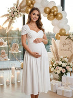 White Cross Chest Bodice Ruched A-line Maternity Midi Dress for Maternity