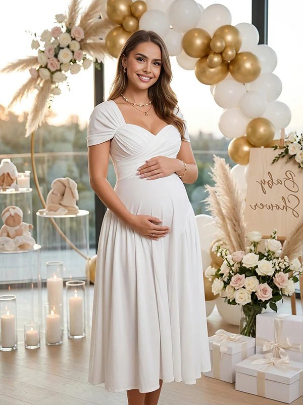 White Cross Chest Bodice Ruched A-line Maternity Midi Dress for Maternity