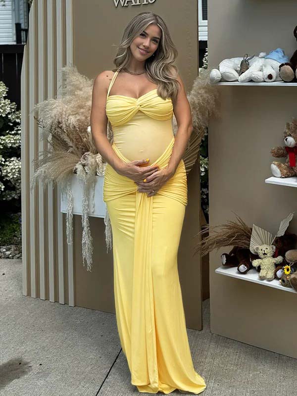 Mesh Ruched Draped Halter Neck Backless Maternity Maxi Dress for Maternity