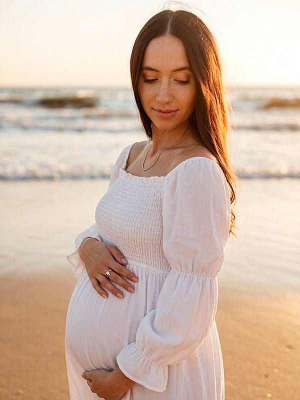 White Ruffle Ruched High Waist Puff Sleeve Cute Photoshoot Maternity Maxi Dress for Maternity
