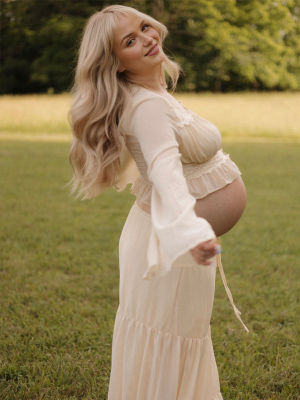 Apricot Lace Ruffle Splicing Lace Up Button Two Piece Photoshoot Maternity Maxi Dress for Maternity