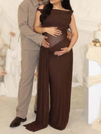 Dark Brown Oblique Shoulder Sheer Draped Hem Ruched Maternity Baby Shower Maxi Dress for Maternity
