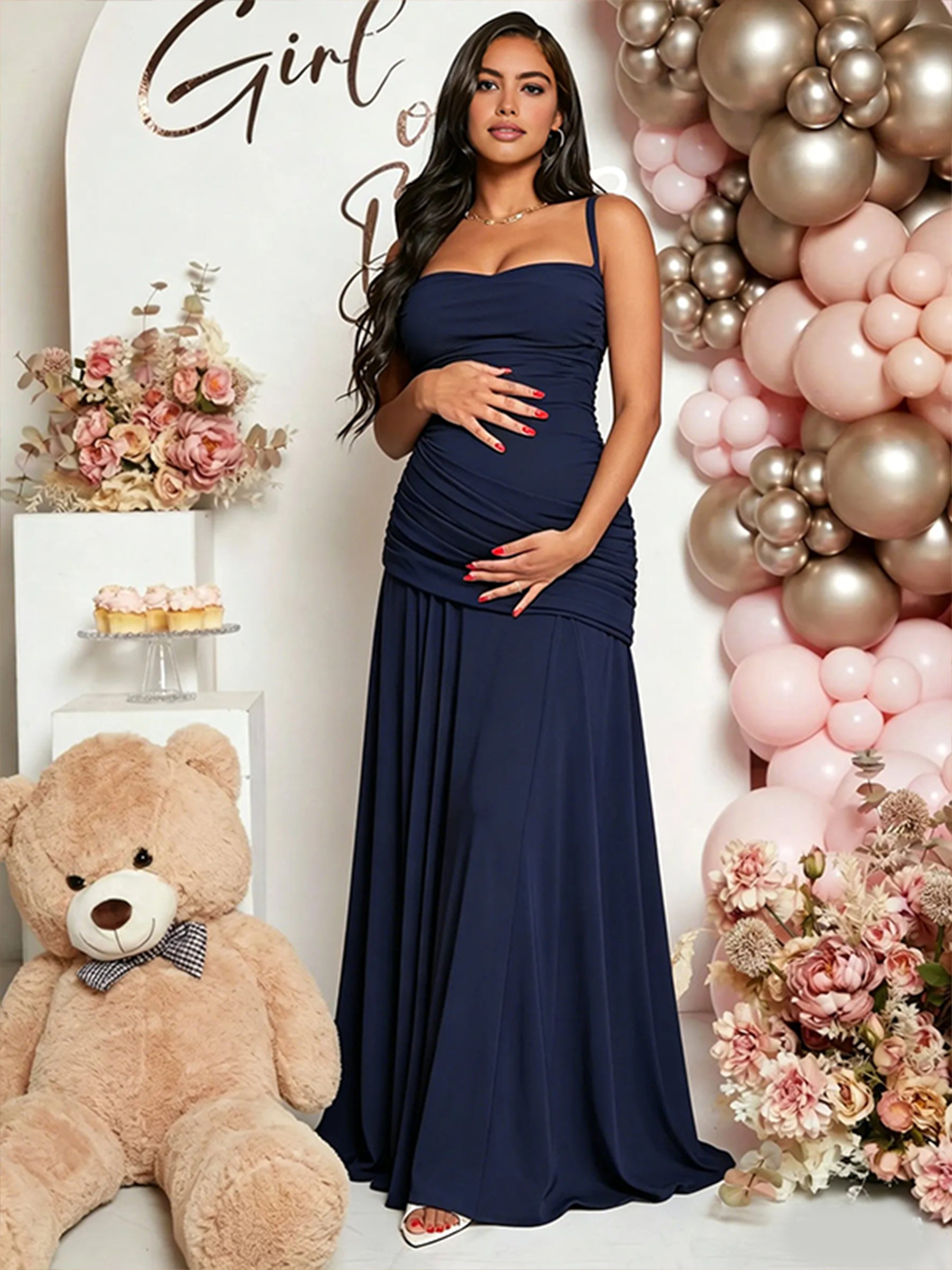 Ruched Backless Lace-up Baby Shower Maternity Maxi Dress for Maternity