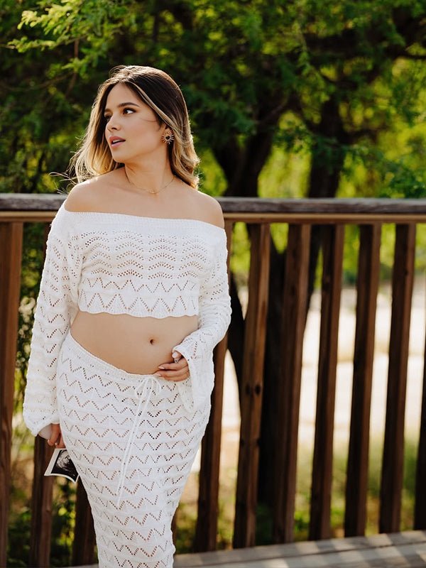 White Off Shoulder Lace Up Crochet Backless Maternity Photoshoot Maxi Dress for Maternity