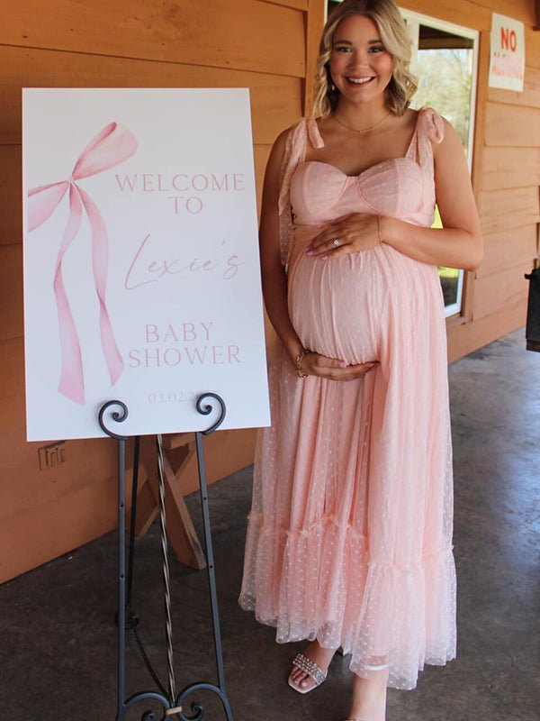 Light Pink Polka Dot Bow Ruffle Falbala Tie-shoulder A-line Tulle Princess Dress Maxi Dress for Maternity