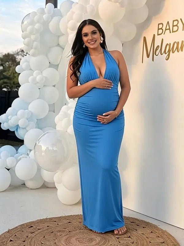 Pink Halter Neck Backless Ruched Tie Back Maternity Baby Shower Maxi Dress for Maternity