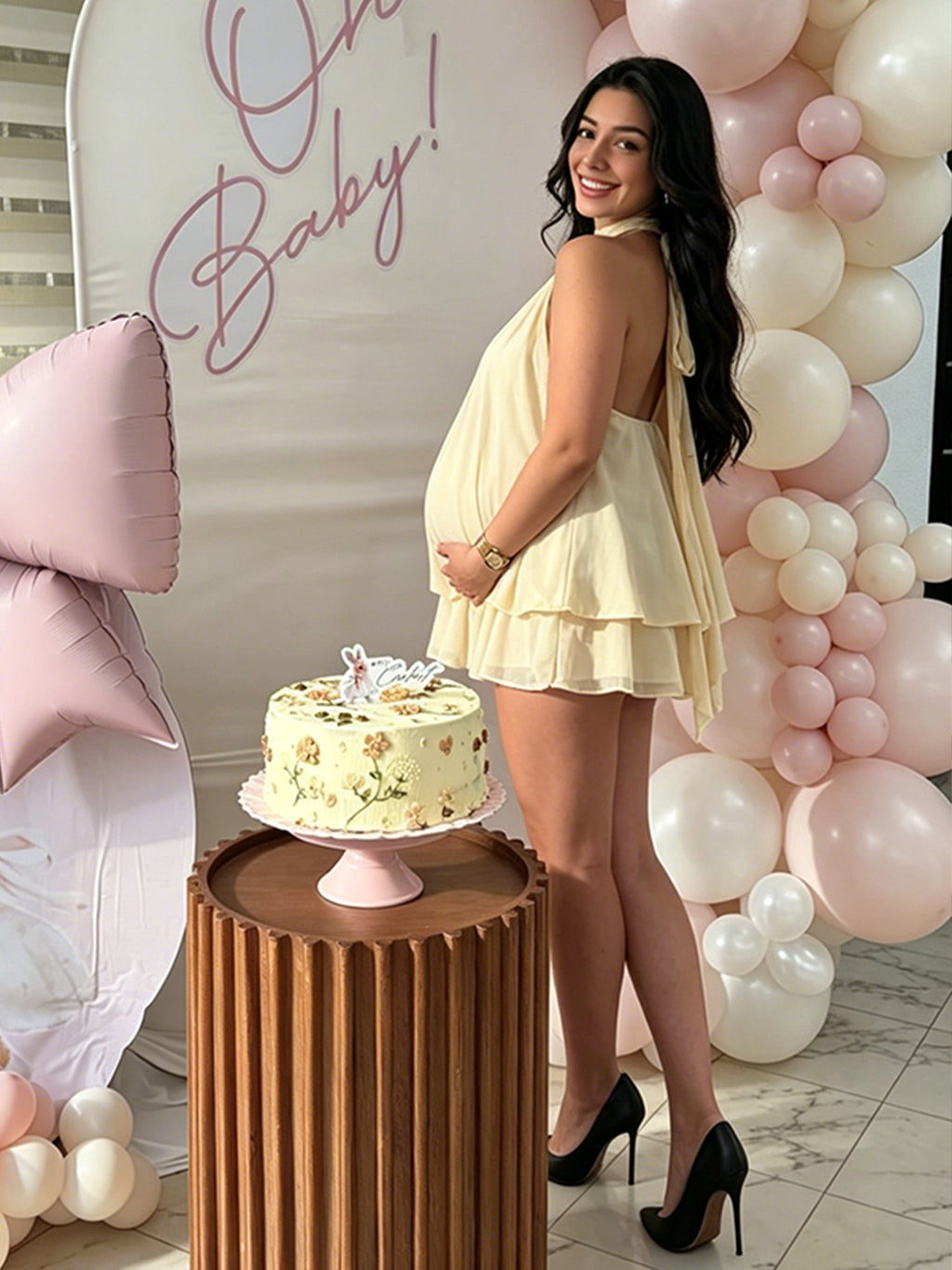 Lace-up Peplum Backless Halter Neck Chiffon Pink Blue Baby Shower Photoshoot Maternity Mini Dress for Maternity