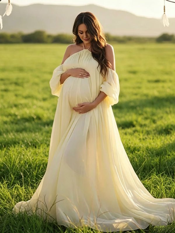 Yellow Mesh Off Shoulder Backless Cami Big Swing Boho Maternity Maxi Dress for Maternity