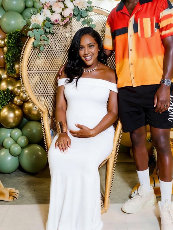White Off Shoulder Open Back Ruched Maternity Baby Shower Maxi Dress for Maternity