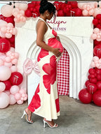 Flowers Halter Neck Open Back Maternity Baby Shower Maxi Dress for Maternity