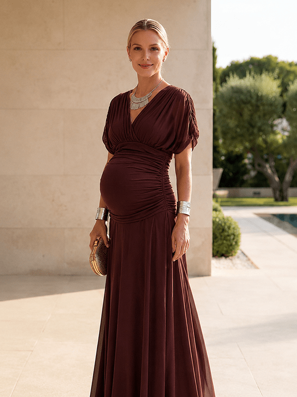 Chic Grenadine Ruched Off Shoulder Flowy Baby Shower Maternity Maxi Dress for Maternity