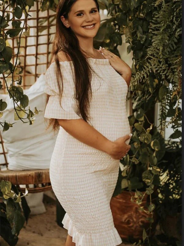 Ruffle Off Shoulder Long Sleeve Bodycon Baby Shower Maternity Midi Dress for Maternity
