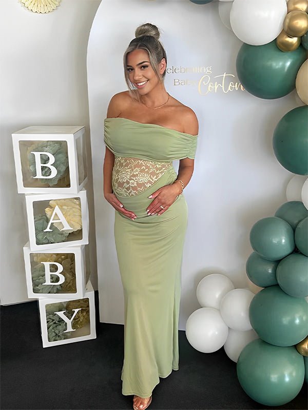 Green Off Shoulder Lace Sheer Splicing Ruched Baby Shower Maternity Maxi Dress for Maternity