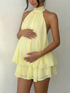 Lace-up Peplum Backless Halter Neck Chiffon Pink Blue Baby Shower Photoshoot Maternity Mini Dress for Maternity