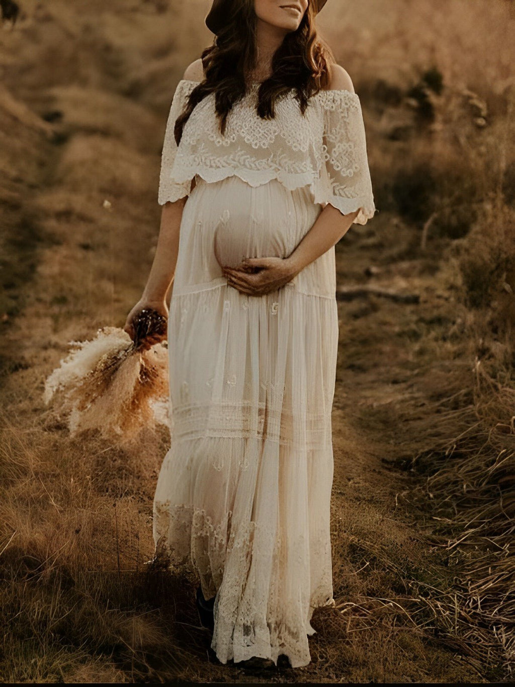 White Off Shoulder Lace Tiered Boat Neck Flowy Elegant Western Maternity Photoshoot Maxi Dress for Maternity