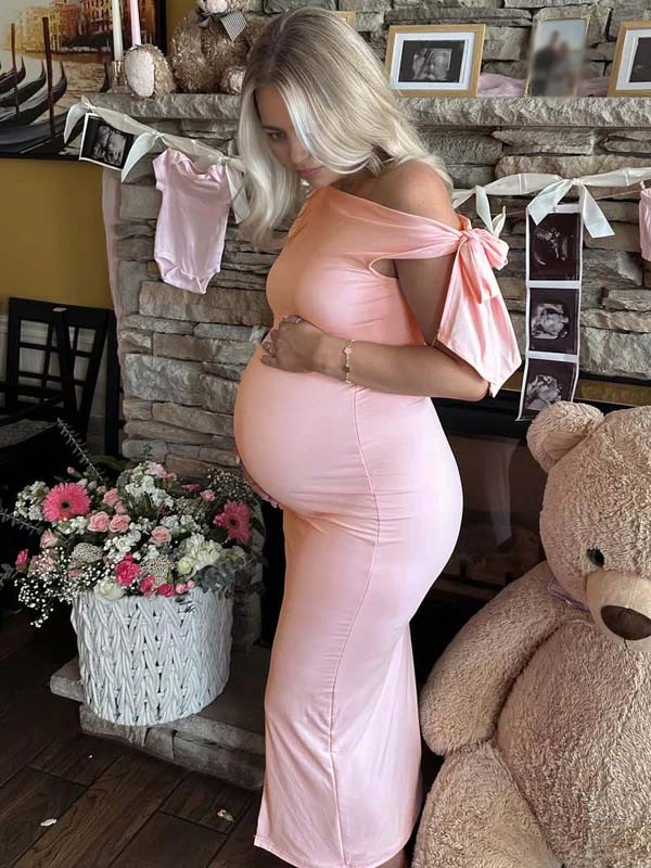Pink Bowknot One Shoulder Elegant Maternity Baby Shower Maxi Dress for Maternity