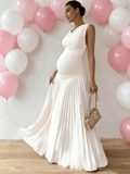 Chic White Pleated A-line Cocktail Baby Shower Maternity Maxi Dress for Maternity