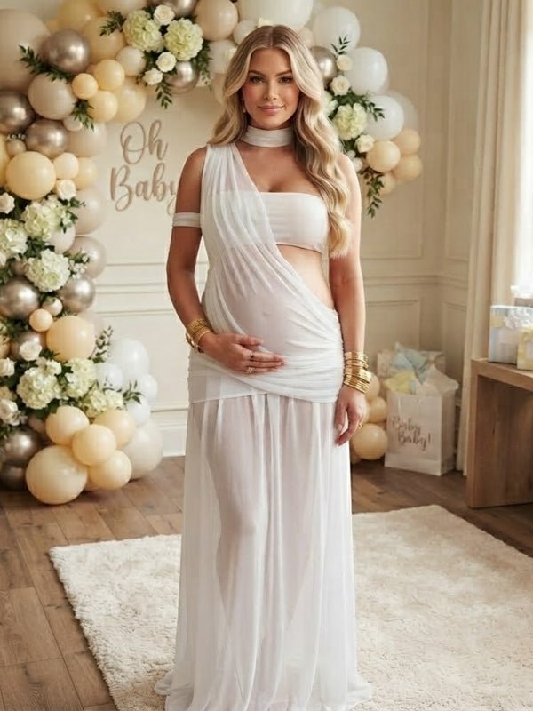 White Oblique Shoulder Ruched Sheer Grenadine Backless Maternity Baby Shower Maxi Dress for Maternity