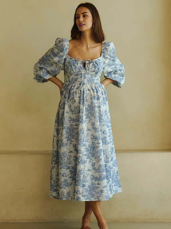 Floral Smocked Lace-up Off Shoulder A-line Maternity Maxi Dress for Maternity