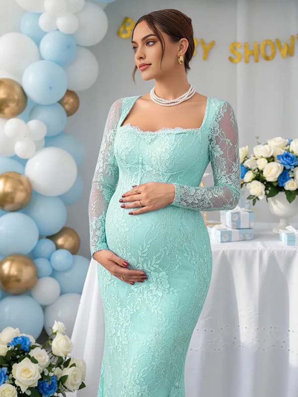 Lace Ruffle Back Slit Square Neck Bodycon Maternity Maxi Dress for Maternity