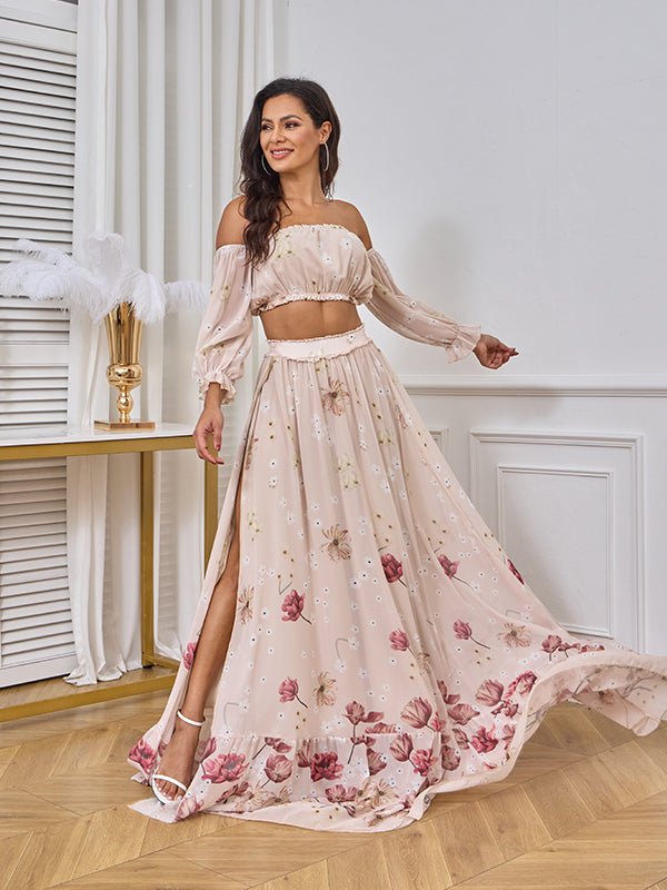 Two Piece Boho Flower Printing Off Shoulder Chiffon Crop Bandeau Photoshoot Maternity Maxi Dress for Maternity