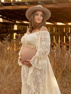 Boho Lace Off Shoulder Lace Tassel Crop Two Piece Side Slit Ruffle Photoshoot Maternity Maxi Dress for Maternity