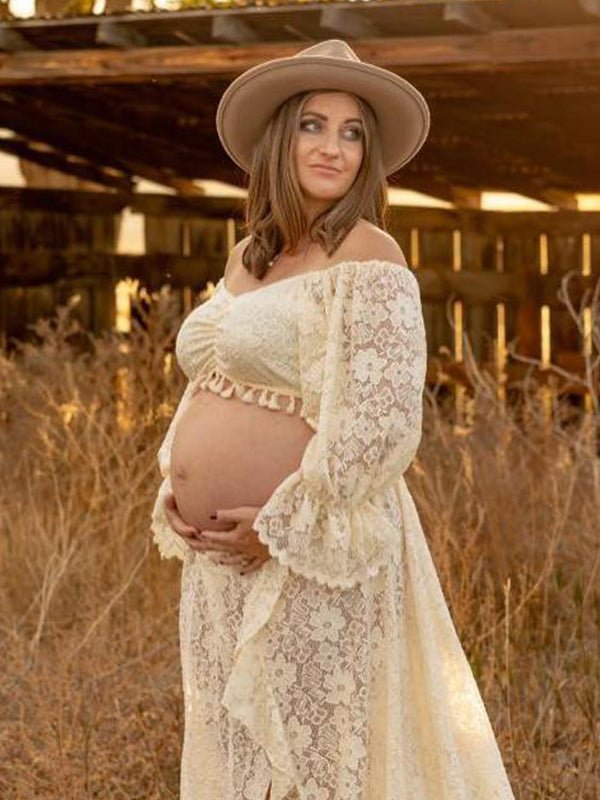 Boho Lace Off Shoulder Lace Tassel Crop Two Piece Side Slit Ruffle Photoshoot Maternity Maxi Dress for Maternity