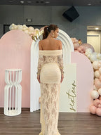 Apricot Off Shoulder Lace Spliced Lace Up Maternity Baby Shower Maxi Dress for Maternity