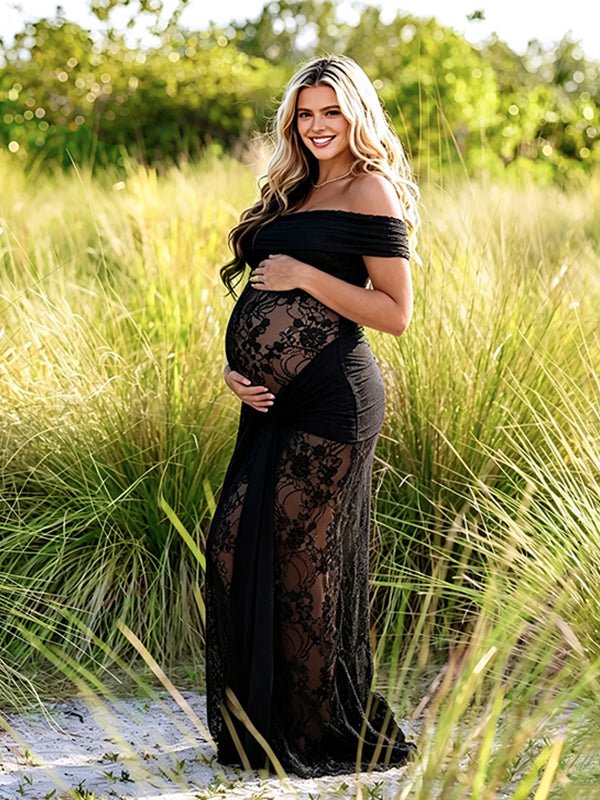 Off Shoulder Lace Backless Ribbon Ruched Maternity Baby Shower Maxi Dress for Maternity