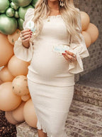 Ruffle Off Shoulder Long Sleeve Bodycon Baby Shower Maternity Midi Dress for Maternity
