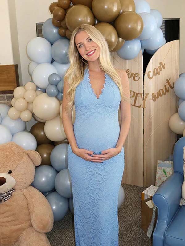 Lace Ruffle Hem Back Slit Backless Bodycon Maternity Maxi Dress for Maternity