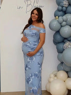 Chic Blue Bodycon Oblique Shoulder Embroidery Flowers Baby Shower Maternity Maxi Dress for Maternity