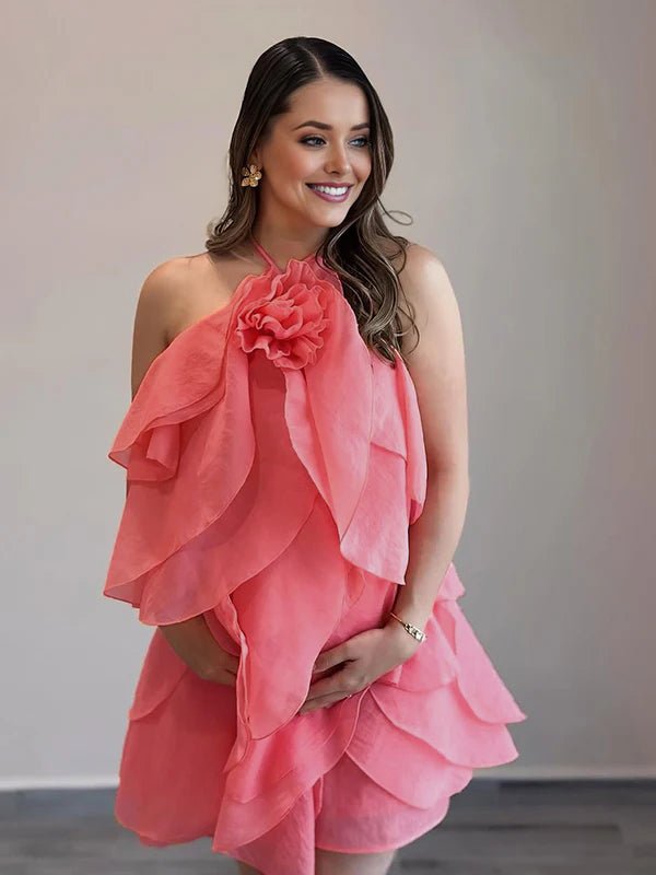 3d Flower Layered Ruffle Cami Backless Maternity Mini Dress for Maternity