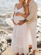 White Spaghetti Strap Bohemian Lace Backless Two Piece Maternity Photoshoot Maxi Dress for Maternity