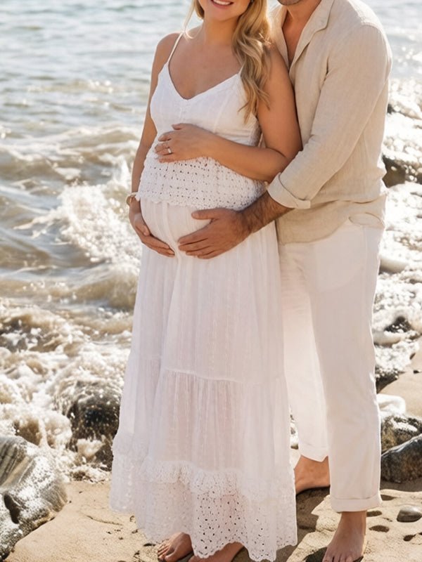 White Spaghetti Strap Bohemian Lace Backless Two Piece Maternity Photoshoot Maxi Dress for Maternity