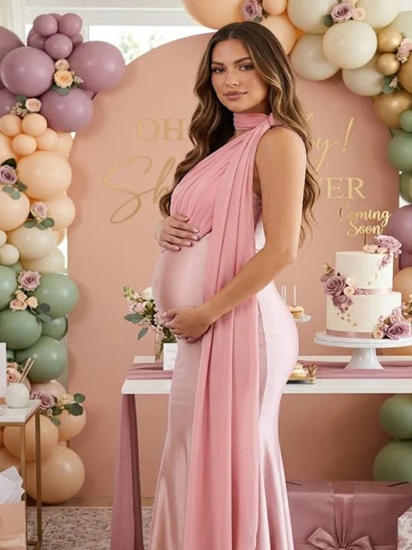 Oblique Shoulder Ribbon Trumpet Maternity Baby Shower Maxi Dress for Maternity