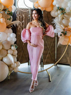 Pink Off Shoulder Bandeau Ribbed Pleated Bodycon Puff Sleeve Evening Gown Baby Shower Maternity Maxi Dress for Maternity